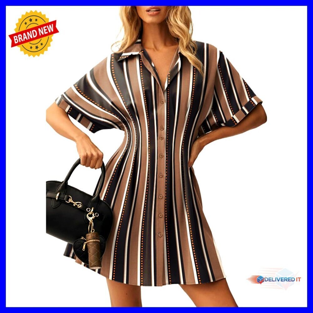 Shirt Dress Casual Button Down Short Sleeve Shirred High Waist Plaid Gingham